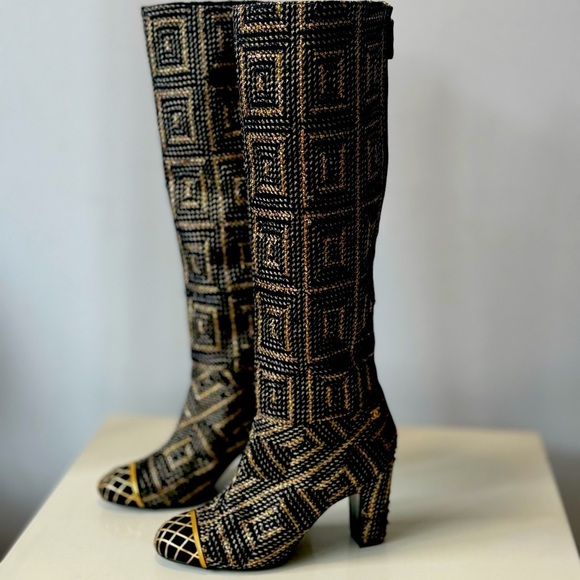 CHANEL Shoes - CHANEL Runway Byzantine Tweed Gold Cage High Boots 37 Pre fall 2012